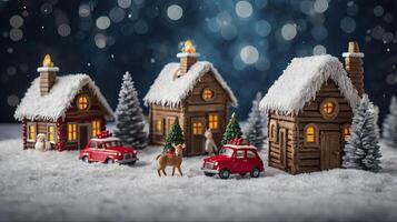 Christmas Village Display with Snowy Houses, Cars, and Festive Decoration photo
