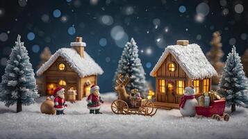 Christmas Village Scene with Santa Reindeer and Snowman Holiday Decoration photo