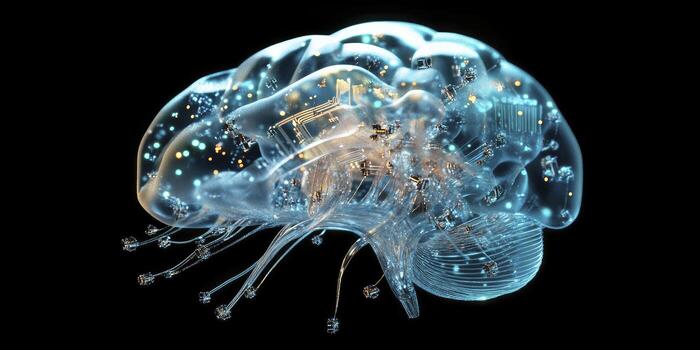 Digital Brain Model with Circuitry and Connection on Black Background photo