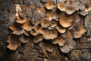 Mushrooms Growing on Weathered Brick Wall Creating Unique Texture and Pattern photo