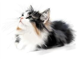 Lying Calico Cat Portrait Looking Upward with Detailed Fur Texture photo