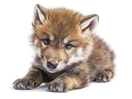 Adorable Wolf Cub Lying Down Looking at Camera on White Background photo