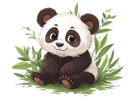Cute Panda Sitting Amongst Green Leaves with a Gentle Smile photo