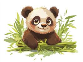 Cute Panda Cub Portrait with Bamboo Leaves in Watercolor Style photo