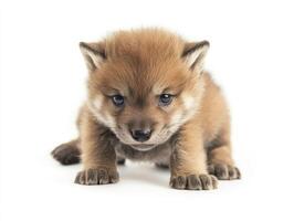 Adorable Red Fox Pup Crouching on White Background Studio Shot photo