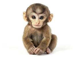Adorable Baby Monkey Sitting on White Background Looking Directly at Camera photo