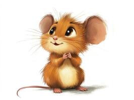 Cute Cartoon Mouse Standing with Paws Together on White Background photo