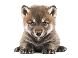 Adorable Fox Cub Lying Down Looking at Camera Isolated on White photo