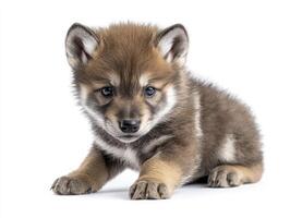 Cute Wolf Puppy Lying Down Posing Adorable on White Background photo