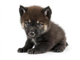 Cute Puppy Sitting Posing in Studio with Furry Brown Coat photo