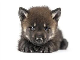 Cute Wolf Puppy Lying Down Relaxing Isolated on White Background photo