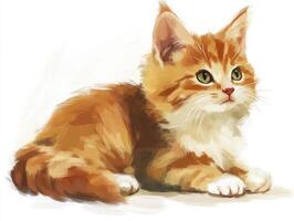 Resting Ginger Kitten Illustration with Playful Expression on White Background photo