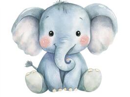 Sitting Baby Elephant Watercolor Illustration with Cute Happy Expression photo