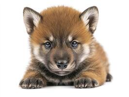 Lying Shiba Inu Puppy Isolated on White Background Close Up photo