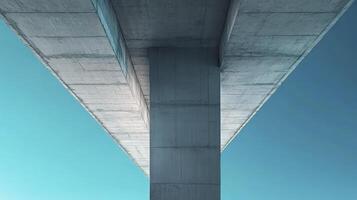 Looking Up at Concrete Bridge Support Against Blue Sky Background photo