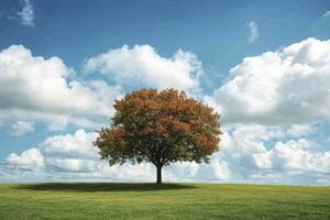 Lone Tree Standing in Grassy Field Under Blue Sky with Clouds photo