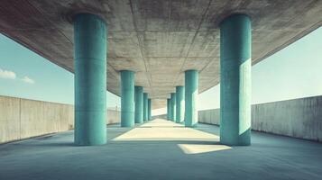 Walking Area with Repeating Teal Columns and Concrete Ceiling Overhead photo