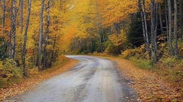 Driving on Rural Road Through Autumn Forest with Yellow Foliage photo