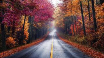 Driving Down a Road Through a Colorful Forest in the Autumn Season photo