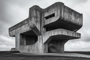Exploring Unique Concrete Architecture Under Cloudy Sky Monochrome Minimalist Design photo