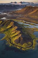 Aerial View of Icelandic Highlands Landscape with River and Mountains photo
