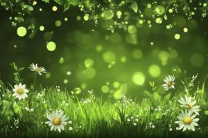 Blooming Daisy Flowers in Green Grass with Bokeh Background Image photo