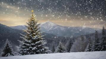 Decorated Christmas Tree Shines in Winter Mountain Landscape Snow Falling photo