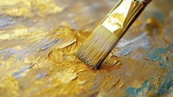 Applying Gold Paint with Brush on Canvas for Artistic Expression photo