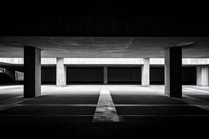 Empty Parking Garage with Concrete Columns and Graphic Lines in Black and White photo