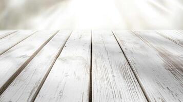White Wooden Table Surface with Blurred Background Product Display Backdrop photo