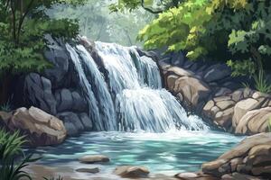 Waterfall Flowing Into Clear Pool Surrounded by Green Trees and Rocks photo