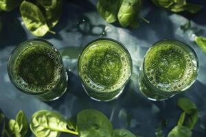 Three Glasses of Green Smoothie with Fresh Spinach on Dark Background photo