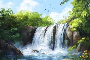 Waterfall Cascading Into a Serene Pool Surrounded by Lush Greenery Artwork photo