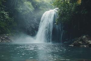 Waterfall Flowing Into a Natural Pool Surrounded by Lush Greenery photo