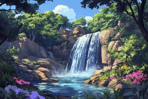 Cascading Waterfall Landscape with Lush Greenery and Colorful Flowers Illustration photo