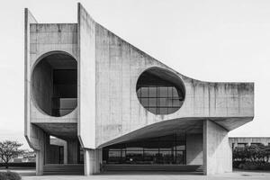 Modern Concrete Building with Circular Windows in Black and White Style photo