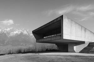 Exploring Modern Architecture a Concrete Building with Mountain View Landscape photo