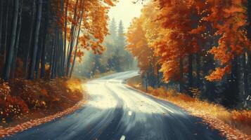 Winding Road Through Autumn Forest Scenery with Fall Foliage photo