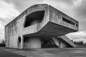 Exploring Brutalist Architecture Black and White Exterior View Against Cloudy Sky photo