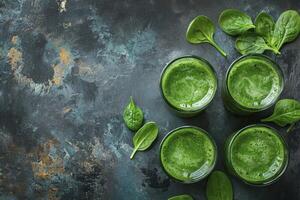 Preparing Healthy Green Smoothie with Fresh Spinach on Textured Background photo