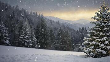 Snow Falling Over Winter Forest with Evergreen Tree and Mountain Views photo