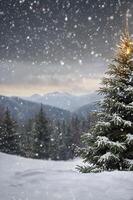 Snow Falling Over Forest of Fir Trees in Winter Mountain Landscape photo