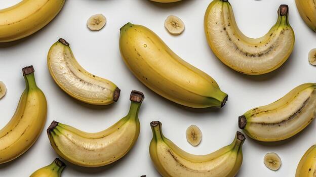 Fresh Yellow Bananas Arrangement with Halves and Slices Overhead View photo