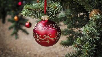 Festive Red Christmas Ornament Hanging on a Pine Tree Branch photo