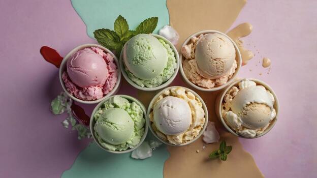 Colorful Ice Cream Scoops in Bowls on Pastel Background Top View photo