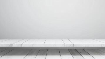 White Wooden Table Against Gray Wall for Product Display Backdrop photo