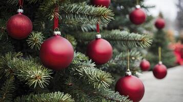 Christmas Tree Decorated with Red Ornaments Outdoor Festive Holiday Scene photo