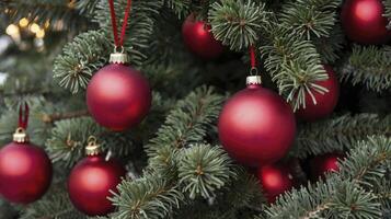 Christmas Tree Decorated with Red Ornaments and Evergreen Branches Backdrop photo