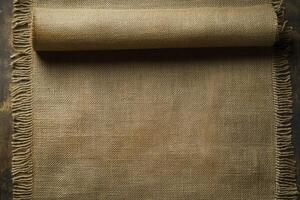 Rolled Burlap Fabric Table Runner with Rustic Fringed Edges photo
