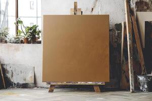 Blank Canvas on Easel Ready for Painting in Bright Studio Setting photo